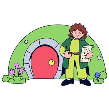 A brave hobbit is standing near the round entrance of a hobbit hole, which is nestled into a grassy hillside. The hobbit has curly brown hair and is wearing a green cloak over a simple shirt and trousers. He holds a weathered map in one hand, which is slightly unfurled, revealing various markings. The door of the hobbit hole is painted in a bright red color, with a shiny brass knob in the center. Surrounding the entrance are blooming flowers and lush greenery, adding to the whimsical charm of the scene.