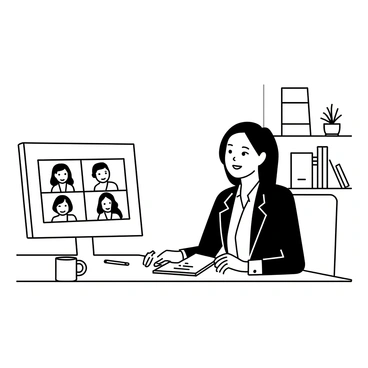 A woman sitting at a desk in a home office, leading a virtual meeting. She has long hair tied back and is wearing a fitted blazer over a blouse. In front of her is a computer with a large monitor displaying video call participants. A notebook and a pen are on the desk beside a coffee mug. Behind her, there are shelves filled with books and a potted plant. She is looking directly at the screen, speaking with a confident expression.