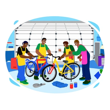 A community garage filled with volunteers working together to fix bicycles. The garage has a bright, welcoming atmosphere with various bike parts and tools scattered around. Several volunteers, wearing colorful aprons, are focused on different tasks: one is adjusting the brakes of a blue bicycle, while another is inflating a tire on a red bike. A third volunteer is painting a yellow bicycle frame, surrounded by cans of paint. Sunlight streams in through the large garage doors, illuminating the scene and creating an inviting environment for teamwork.