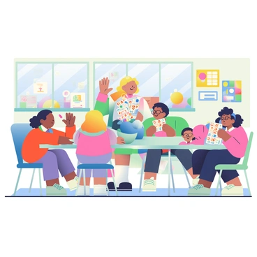A bright classroom with colorful decorations is filled with children engaged in a game of bingo. Several children are sitting at round tables, each with a bingo card in front of them. One child with dark curly hair is excitedly raising their hand, while another child with glasses looks at their card with concentration. The teacher, a woman with short blonde hair, is standing at the front of the class, holding a bowl filled with colorful bingo balls. Large windows allow sunlight to stream into the room, illuminating various educational posters on the walls. Some children have small markers in their hands, ready to mark their cards as the numbers are called out.