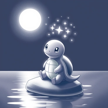 A Squirtle is sitting calmly on a smooth rock by a tranquil body of water. The moonlight casts a gentle glow on its shell, highlighting the texture and contours. Above the Squirtle, a crown of stars is twinkling in the night sky, creating a sparkling effect. The surrounding environment features a dark, clear sky, and the water reflects the light of the moon and the stars, enhancing the peaceful atmosphere.