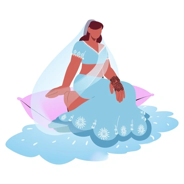 A bride is sitting gracefully on a colorful cushion. Her hands are adorned with intricate henna designs that showcase detailed patterns. She is wearing a beautifully embroidered traditional dress with vibrant colors. The cushion beneath her is rich in textures and patterns, adding to the overall visual appeal. A soft, flowing fabric drapes around her, enhancing the elegant ambiance of the scene.