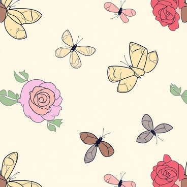 A section of Victorian wallpaper featuring a repeating pattern of intricate moths and blooming roses. The moths are depicted with detailed wings, showcasing various shades of cream and brown. The roses are illustrated in soft pink and red hues, with delicate green leaves complementing them. The overall background of the wallpaper is a muted cream color, allowing the moths and roses to stand out prominently in the design.