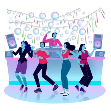 A vibrant dance party scene with diverse people dancing joyfully. The environment is filled with colorful lights creating a festive atmosphere. Bubbles of various sizes are floating around, catching the light and reflecting colors. The dancers are wearing stylish outfits, moving energetically to the music. There are decorations like streamers and balloons enhancing the whimsical feel of the setting. In the background, a DJ is mixing tracks, surrounded by sound equipment. The flooring is shiny, reflecting the colorful lights and bubbles around.