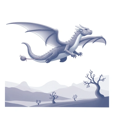 A large dragon-like creature is soaring through the sky. Its scales are textured and detailed, showcasing a blend of intricate patterns across its body. The creature has large, expansive wings that are outstretched, catching the air as it glides gracefully. Tied securely to its tail is a whimsical baluchon, a small bundle that adds an element of curiosity to the scene. Below, a mystical land unfolds, featuring rolling hills, strange trees with twisting branches, and distant mountains that create a sense of depth and wonder. The overall composition captures the creature in flight, emphasizing its majestic form against the enchanting landscape below.