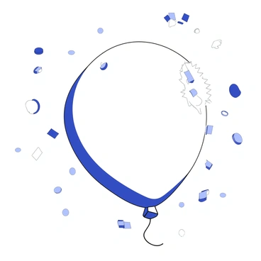 A balloon bursting mid-air, with confetti falling in a free fall effect.
