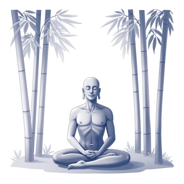 A serene depiction of "Adiyogi" seated in a meditative posture. He is surrounded by tall bamboo stalks that create a natural enclosure, with sunlight filtering through the leaves above. His eyes are closed, and he maintains a peaceful expression on his face. The ground is covered with soft, lush greenery, and the bamboo sways gently, enhancing the tranquil atmosphere of the scene.