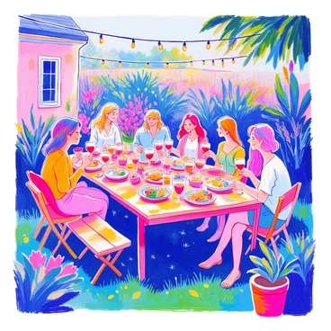 A backyard summer party is set up with guests gathered around a large wooden table. Each guest is holding a vibrant glass filled with wine, showcasing a range of colors from deep red to light rosé. The table is garnished with an array of colorful plates filled with appetizers. In the background, string lights are draped above, casting a warm glow over the scene. Lush green grass surrounds the area, and potted plants sprinkle around the table, adding more color to the vibrant atmosphere.