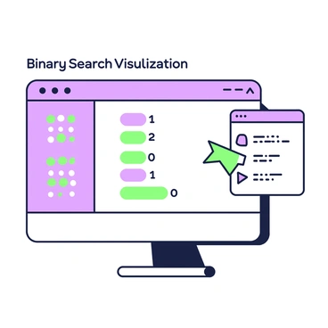 A computer screen displays a binary search algorithm in action. The screen shows a list of numbers arranged in ascending order, with specific elements highlighted in green and purple. An animated cursor moves between the highlighted elements, indicating the current search position. Above the list, there is a title that reads "Binary Search Visualization" in a bold font. Next to the list, a step-by-step outline details the process of the search, with each step also highlighted. The background is a minimalist interface that emphasizes the algorithm's functionality.