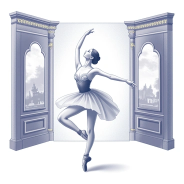 A ballet dancer is on stage, showcasing an elegant pose with one leg raised and arms extended gracefully. The dancer is wearing a vintage costume that features intricate lace and tulle, along with a fitted bodice. The stage is ornately decorated, with detailed carvings along the proscenium arch and golden embellishments. Behind the dancer, there are large backdrops depicting a classic scene, featuring soft curves and elaborate designs. The lighting creates a focused spotlight on the dancer, emphasizing the movement and fluidity of the performance.