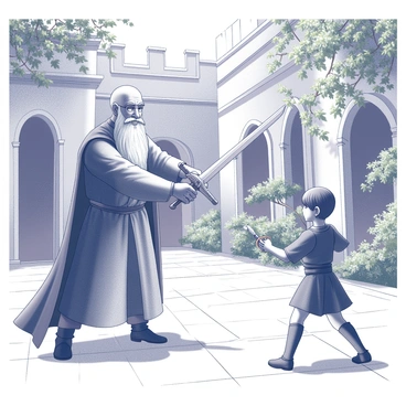 An elderly royal mentor stands with a poised stance, demonstrating sword fighting techniques to a young prince. The mentor has a long, flowing beard and wears traditional attire indicative of nobility, complete with a belt holding a sword. The young prince observes intently, dressed in a youthful version of regal clothing, holding a practice sword. Surrounding them is a lush courtyard filled with ornate stonework, greenery, and flowering plants. The sunlight filters through the leaves, creating dappled shadows on the ground where they practice.