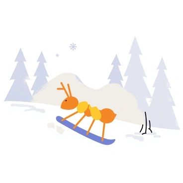 An ant wearing tiny snowshoes is traversing a snowy landscape. The snow is fluffy and pristine, with soft mounds and gentle slopes creating a winter wonderland. The ant is focused, with its antennae raised, as it navigates the terrain. In the background, there are clusters of snow-covered pine trees, and a few snowflakes are gently falling from the sky, adding to the winter atmosphere. The scene captures the determination of the ant in this chilly environment.