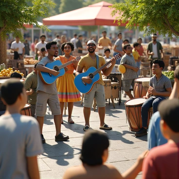 A group of street musicians performing at a busy outdoor market. The musicians include a man playing a bright blue acoustic guitar and a woman singing with a joyful expression, wearing a colorful dress. Nearby, a drummer is keeping the rhythm with a set of conga drums. The market is vibrant, filled with various stalls displaying fresh fruits, vegetables, and handmade crafts. People are gathered around, some dancing, while others are enjoying the lively atmosphere. Sunlight casts warm tones across the scene, enhancing the energy of the performance and the bustling market environment.