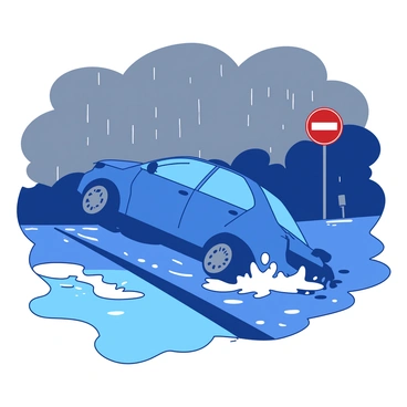 A car hydroplaning on a rainy road, moments before a potential accident.