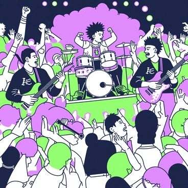 A vibrant 1980s punk rock concert scene is set in a crowded venue. In the center, a band is energetically performing on stage, featuring a lead singer with spiked hair and wearing leather. The guitarist has a fierce expression and is playing a bright electric guitar, while the drummer is passionately hitting the drums. The crowd is packed with fans dressed in edgy fashion, including leather jackets, combat boots, and ripped jeans. Some fans have colorful hair and are raising their fists in the air, while others are dancing and cheering near the front of the stage. Neon lights illuminate the scene, enhancing the energetic atmosphere of the concert.