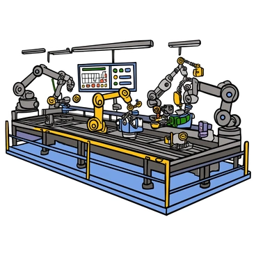 A high-tech factory interior featuring multiple assembly lines populated with various robots and mechanical arms. The robots are made of shiny metal and have articulated joints, actively working on assembling different components. Bright overhead lights illuminate the workspace, highlighting the intricate details of the machinery. There are conveyor belts moving items along the assembly lines, and screens displaying data and instructions in the background. The floor is clean and polished, and there are safety barriers in place around the work areas.