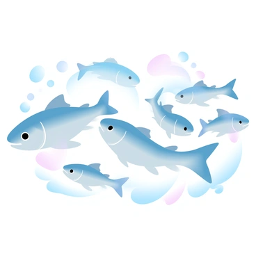 A school of anchovies is swimming in a synchronized formation, creating a mesmerizing pattern in the water. The anchovies are arranged in a flowing line, with their silver bodies glistening under the light. The background features gradient pastel colors, blending soft blues and greens that mimic the ocean. Bubbles rise around the fish, adding to the sense of movement and fluidity in the underwater scene.