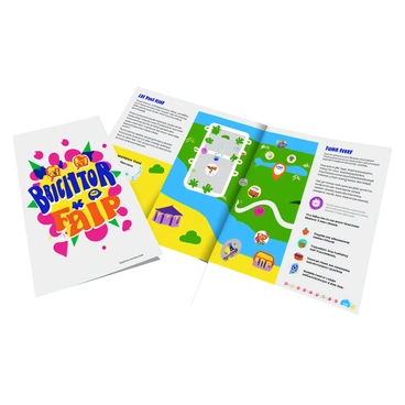 A colorful program pamphlet for the "Brighton Illustration Fair" is displayed open, featuring vibrant illustrations and energetic typography. The front cover showcases a large, bold title "Brighton Illustration Fair" in playful lettering, surrounded by intricate, whimsical designs related to art and illustration. Inside the pamphlet, there is a detailed map that highlights the layout of the fair, marked with colorful icons representing different exhibition areas, workshop locations, and food stalls. The map has various shades of blue, green, and yellow to enhance visibility. Additional sections of the pamphlet include descriptions of events with small illustrations next to each event, adding character to the overall design. Each page is bordered with colorful patterns that echo the themes of creativity and artistry.