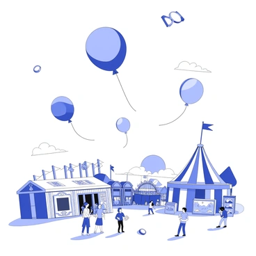Balloons are floating high above a fairground. Each balloon is round and appears to be filled with bundles of money, creating a sense of abundance. Below, the fairground is bustling with activity, showcasing various colorful rides and stalls. People are seen enjoying themselves, with some holding cotton candy and others playing games. The sun is setting in the background, casting elongated shadows across the scene, creating a dramatic contrast. The atmosphere is lively and festive, with the balloons soaring upward, contributing to the vibrant energy of the fairground.
