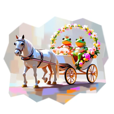 A regal frog couple sits elegantly in a horse-drawn carriage. The male frog is adorned with a tiny crown and a royal cape, while the female frog wears a delicate tiara and a flowing gown made of vibrant leaves. The carriage is richly decorated with an array of colorful flowers, including roses and daisies, intertwined around the wheels and along the sides. A majestic horse, with a glossy coat and a decorative harness, stands in front of the carriage, ready to pull it forward. The scene conveys a sense of grandeur and whimsy.