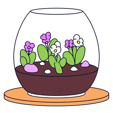 A small glass terrarium with a rounded shape, featuring a clear top. Inside the terrarium are several mini cyclamen plants, showcasing heart-shaped leaves and colorful flowers in shades of pink and white. The soil is dark brown, with small pebbles scattered around the base of the plants. A few tiny decorative rocks are placed among the plants, adding texture to the scene. The terrarium is set on a wooden table.