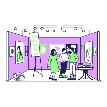 An exhibition space in a Sheffield venue showcases a variety of illustrated works created by local artists. The walls are adorned with framed illustrations of different styles and subjects. In the center of the room, a small group of visitors examines the displayed artwork, which includes both color illustrations and monochrome pieces. To one side, a tall easel holds a large illustrated banner that reads "Local Artists Exhibition." On a nearby table, a stack of flyers provides information about the artists and their works. Soft lighting highlights the illustrations on the walls, creating an inviting atmosphere for art enthusiasts.