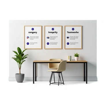A wall in an office featuring a modern design with a sleek finish. The wall is painted in a soft neutral color to enhance visibility. Prominently displayed are framed posters with "company values" and "mission statements" in bold, legible typography. The values include words like "Integrity," "Innovation," and "Teamwork," each accompanied by distinct icons that visually represent the concepts. The overall layout is organized and clean, emphasizing clarity and professionalism. There are subtle decorative elements such as plants and a small shelf with books that complement the workspace aesthetic.