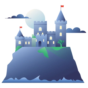 A medieval castle with tall stone towers and battlements is perched on a rugged cliff. The castle features arched windows and flags waving gently at the top of its towers. The scene is illuminated by a large full moon, casting a silvery light that highlights the castle's silhouette. Dark clouds drift across the night sky, partially obscuring the moon. Below, the cliff drops steeply into a dark, swirling ocean, adding to the dramatic atmosphere of the scene.