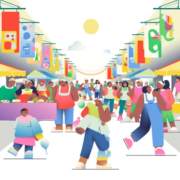 A vibrant street scene filled with people celebrating diversity during a cultural festival. The street is lined with colorful banners in various shapes and sizes, displaying different cultural symbols and patterns. There are groups of people of different ethnicities wearing traditional clothing, engaging in lively conversation and laughter. Food stalls with bright tablecloths offer a variety of international dishes, and a small stage can be seen in the background where performers are showcasing traditional dances. In the foreground, children are playing with balloons, adding to the festive atmosphere. The sun is shining brightly, illuminating the scene with warm light.