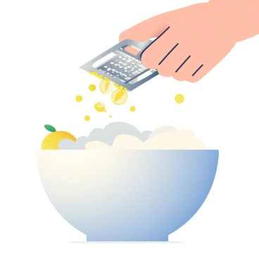 A close-up view of a hand with light skin is grating lemon zest over a large white mixing bowl. The hand is holding a stainless steel box grater, and fine strands of bright yellow lemon zest are falling into the bowl. The bowl contains a mixture of white ingredients, partially visible. There are droplets of lemon juice around the grater, adding a hint of freshness to the scene.
