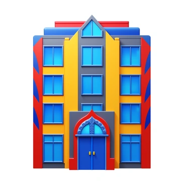 An art deco apartment building facade with bold geometric shapes. The facade features a combination of vibrant colors, including deep blues, bright yellows, and striking reds. The architectural design includes zigzag patterns and angular motifs, showcasing a dynamic interplay of light and shadow. Large windows with ornate framing punctuate the structure, adding to the overall aesthetic. The entrance is highlighted by a decorative archway, complete with intricate detailing.