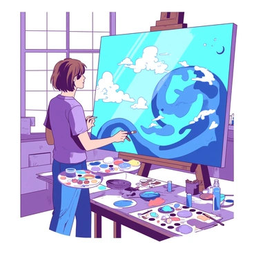 An artist with short brown hair is standing in front of a large canvas. The canvas features a vibrant depiction of the Earth as seen from space, with swirling blue oceans and white clouds. The artist is holding a paintbrush in their right hand, with vibrant paint colors on the palette held in their left hand. Sunlight is streaming in from a large window, illuminating the artist and the canvas. The studio is filled with various art supplies and brushes scattered around on a cluttered table.