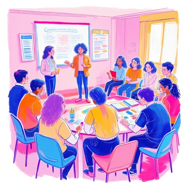 A workshop setting is filled with people seated in a circle, discussing health and body image related to "gynecomastia." There is a whiteboard with handwritten notes and diagrams on one side of the room. A facilitator stands at the front, gesturing while holding a marker. Attendees include diverse individuals of different ages and ethnicities, some taking notes while others listen attentively. Several pamphlets and informational brochures are placed on a table nearby. The atmosphere is focused and engaged, with a warm light illuminating the room.