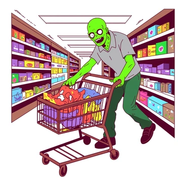 A green zombie with tattered clothes is pushing a rusty shopping cart in a grocery store aisle. The cart is filled with various colorful snacks including bags of chips, candy bars, and boxes of cereal. Surrounding the zombie, the shelves are lined with brightly packaged snacks in vibrant colors. The zombie has a vacant stare, and its arms are outstretched as it navigates through the store. The fluorescent lights above illuminate the scene, casting an eerie glow over the assortment of treats.