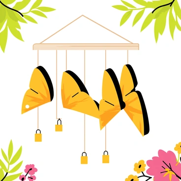 A set of wind chimes shaped like "Monarch butterflies" with vibrant orange and black wings. The wind chimes hang from a wooden frame and are adorned with small, shimmering bells that catch the light. "The butterflies" sway gently in the breeze, creating a harmonious sound as the bells lightly clink against each other. The scene is set outdoors, surrounded by green leaves and colorful flowers, further enhancing the natural ambiance.