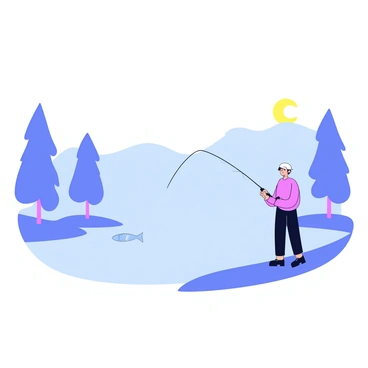 A calm lake during dawn, with soft light reflecting off its surface. A quiet fisherman is standing at the edge of the lake, holding a fishing rod. The fisherman is dressed in a simple outfit, and he is focused on casting his bait into the water. Surrounding the lake are gentle silhouettes of trees, adding to the tranquil atmosphere. The scene conveys a sense of peace and early morning stillness.