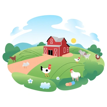 A picturesque farm scene features a red barn set in the center, surrounded by lush green fields filled with rows of vibrant crops. Various animals, such as cows, chickens, and sheep, are scattered around the farm, interacting peacefully with one another. In the background, a clear blue sky stretches above, creating a bright atmosphere. The sun casts gentle shadows across the landscape, enhancing the colors of the fields and animals.