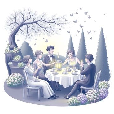 A garden party set in the Victorian era. Elegant tables are adorned with lace tablecloths and fine china, arranged under a canopy of blooming flowers. Guests, dressed in period attire, engage in conversations while sipping tea. Delicate lanterns emit soft light, attracting numerous moths that flutter elegantly around them. The lush greenery of the garden is punctuated by colorful flower beds and ornamental hedges, creating a vibrant yet tranquil atmosphere.