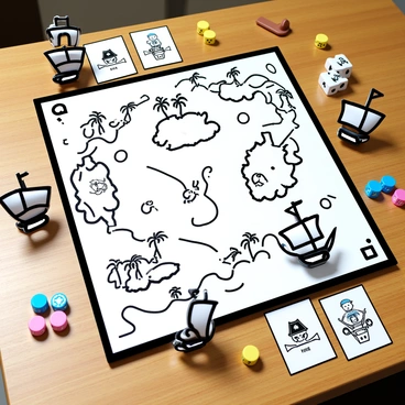 A pirate-themed board game displayed on a wooden table. The board features a detailed "treasure map" with illustrations of islands, palm trees, and an "X" marking the treasure location. Surrounding the board are various "ship miniatures," each designed with intricate details, such as sails and cannons, positioned strategically on the map. Colorful game pieces are scattered around the board, alongside a set of dice and playing cards depicting pirate characters.