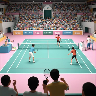 A 3D bird's eye view of a badminton tournament in a large arena