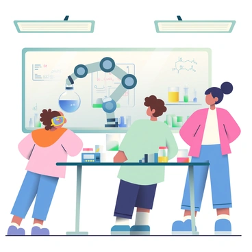A robotic arm with sleek metallic joints is positioned over a laboratory table in a chemistry lab. The arm is holding a transparent beaker filled with a blue liquid, while another beaker with a yellow liquid sits on the table next to it. Two students, one with curly brown hair wearing safety goggles and a lab coat, and the other with short black hair in a ponytail, are observing the process closely. The table is cluttered with various chemistry equipment, including test tubes, flasks, and a digital scale. A whiteboard in the background displays chemical formulas and diagrams. The atmosphere is bright with fluorescent lighting illuminating the entire scene.