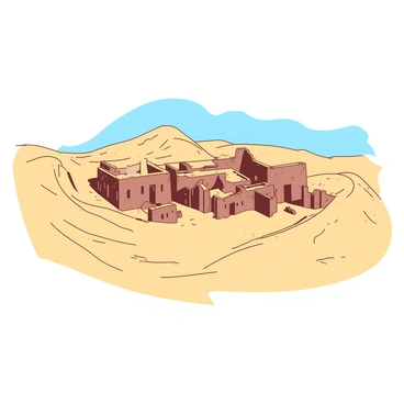 A wide view of an abandoned village partially buried under towering sand dunes. The village features several crumbling, weathered buildings with faded walls, some made of clay and others from stone. The roofs of the structures are barely visible, poking out from the golden sand. Tall, flowing sand dunes are sweeping across the foreground and surrounding the village, with ripples and textures created by the wind. In the background, a clear blue sky contrasts with the warm tones of the sand, enhancing the desolate atmosphere of the scene.