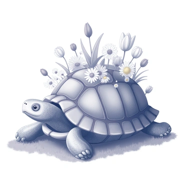 A turtle is resting on a patch of grass. It has a large, round shell that is covered with an assortment of blooming flowers. The flowers are of various types, including daisies and tulips, creating a vibrant and lively scene. The turtle's head is peeking out from its shell, while its flippers are gently positioned against the ground. The garden of flowers is lush and diverse, with some flowers standing tall and others in full bloom, creating an intricate landscape atop the turtle's back.