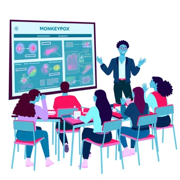 A teacher explaining monkeypox to students in a classroom setting, with visuals on the blackboard.