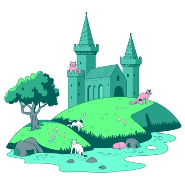 The Cat Returns castle surrounded by whimsical landscapes, with cats curiously exploring the grounds.