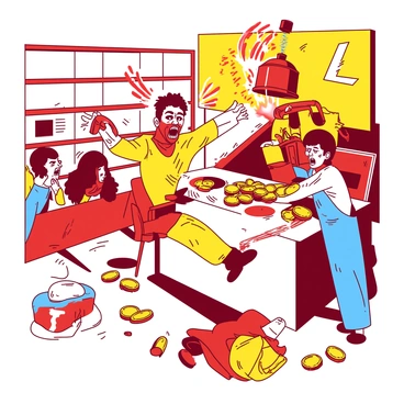 A comic-style scene showing the frantic moments of a robbery with exaggerated chaos.