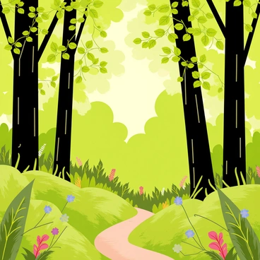 A dense forest with tall trees towering over a rich green undergrowth. The leaves on the trees are uniquely shaped like small pills, creating a distinctive canopy. Sunlight filters through the foliage, casting dappled light on the forest floor. The ground is carpeted with vibrant ferns and small colorful flowers peeking through the thick vegetation. A narrow winding path cuts through the forest, inviting exploration.