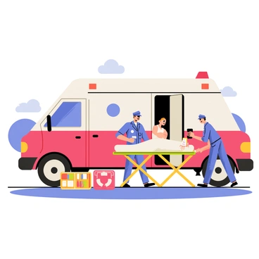 A medical emergency truck with a bright red and white exterior is parked on the side of a road. Two paramedics, dressed in blue uniforms, are attending to a patient lying on a stretcher. One paramedic is checking the patient's pulse while the other is preparing medical equipment from the truck. The truck's lights are flashing, casting a red glow on the scene. Nearby, an open first aid kit with various medical supplies is visible on the ground. The background features a few trees and a clear blue sky.