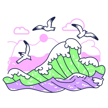 A group of seagulls is flying in the sky above dynamic Japanese waves. The waves are depicted with detailed patterns and curves, showcasing movement and energy. The seagulls are varied in their positions, some soaring high, while others are skimming close to the surface of the water. The scene evokes the atmosphere of a lively coastal summer day, with the sun illuminating the waves and the birds in flight.