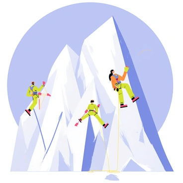 Three climbers in bright gear are scaling a massive glacier wall, with icy blue and white textures glistening in the sunlight. The climbers are using brightly colored ropes and ice axes, showcasing their determination and strength. In the background, the clear blue sky stretches endlessly, emphasizing the height of the glacier. Snow and ice fragments are scattered at the base of the glacier, adding to the ruggedness of the scene.